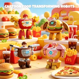 2-in-1 Food Transforming Robot Toys for Kids, 4 Pack Deformable Fast Food Figures (Burger/Fries/Cola/Ice Cream), DIY Transformable Action Figures, Educational Toys for Boys Girls 3+, Birthday Christmas Gift