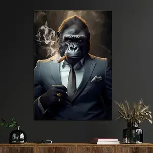 Frameless Canvas Art Print, Cool Suit Gorilla Decorative Wall Hanging, Modern Luxury Living Room Sofa Background, Creative Bedroom Mural