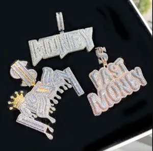New Iced Out Bling Crown Letters Money Pendant Necklace Two Tone Color CZ Zircon Dollar Symbol Necklaces Men's Hip Hop Jewelry
