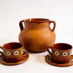 Mexican Clay Pot with 2 Cups and 2 Plates Style Traditional Handmade Barro Mexicano Rustic Kitchen Decor