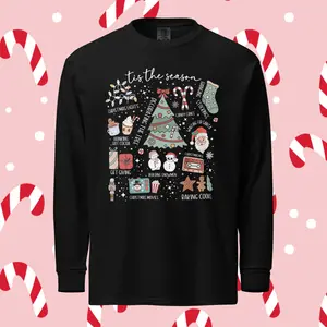 Tis the Season Christmas Doodles Long sleeve Comfort Colors - Unisex Apparel Relaxed Fit Printed In The USA Clothing Womenswear Casual Comfort Cotton Top Athletic Boho Chic