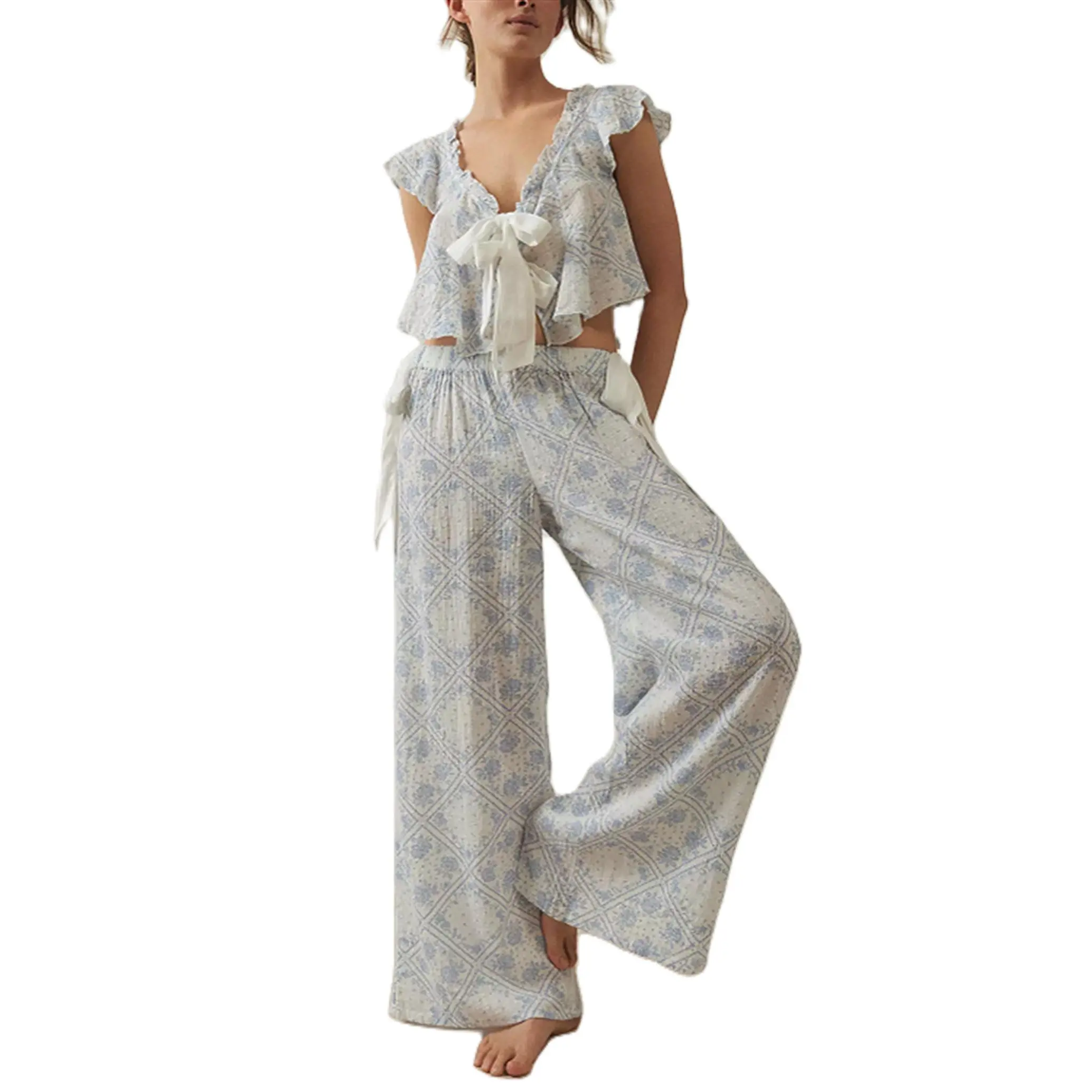 Women 2 Piece Pajamas Set Floral Print Tie Front Fly Sleeves Shirt High Wasit Tie Side Pants Loungewear Sleepwear