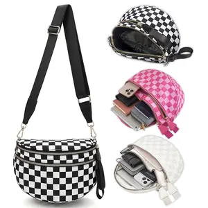 Crossbody Bag for Women,Checkered Bum Bag Checkered Black and White Handbags Wallets Oversized Slouchy Belt Bag