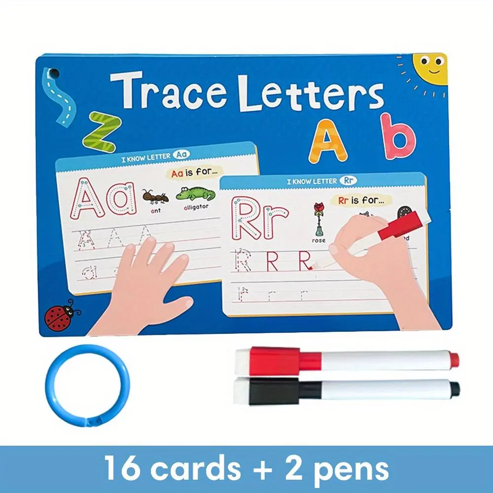 English Alphabet A-Z Tracing and Erasing Flashcards Set, Letter Flash Cards, Word Cards, Reusable Dry Wipe Handwriting Practice Tools, ABC Learning Cards for Kids Education