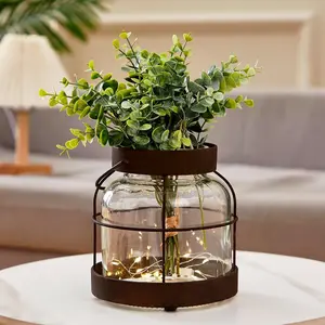 Vintage Glass Farmhouse Vase, Rustic Lantern Decor with Plants LED Lights, Rustic Farmhouse Vase for Floral Arrangements Home Decor Gifts