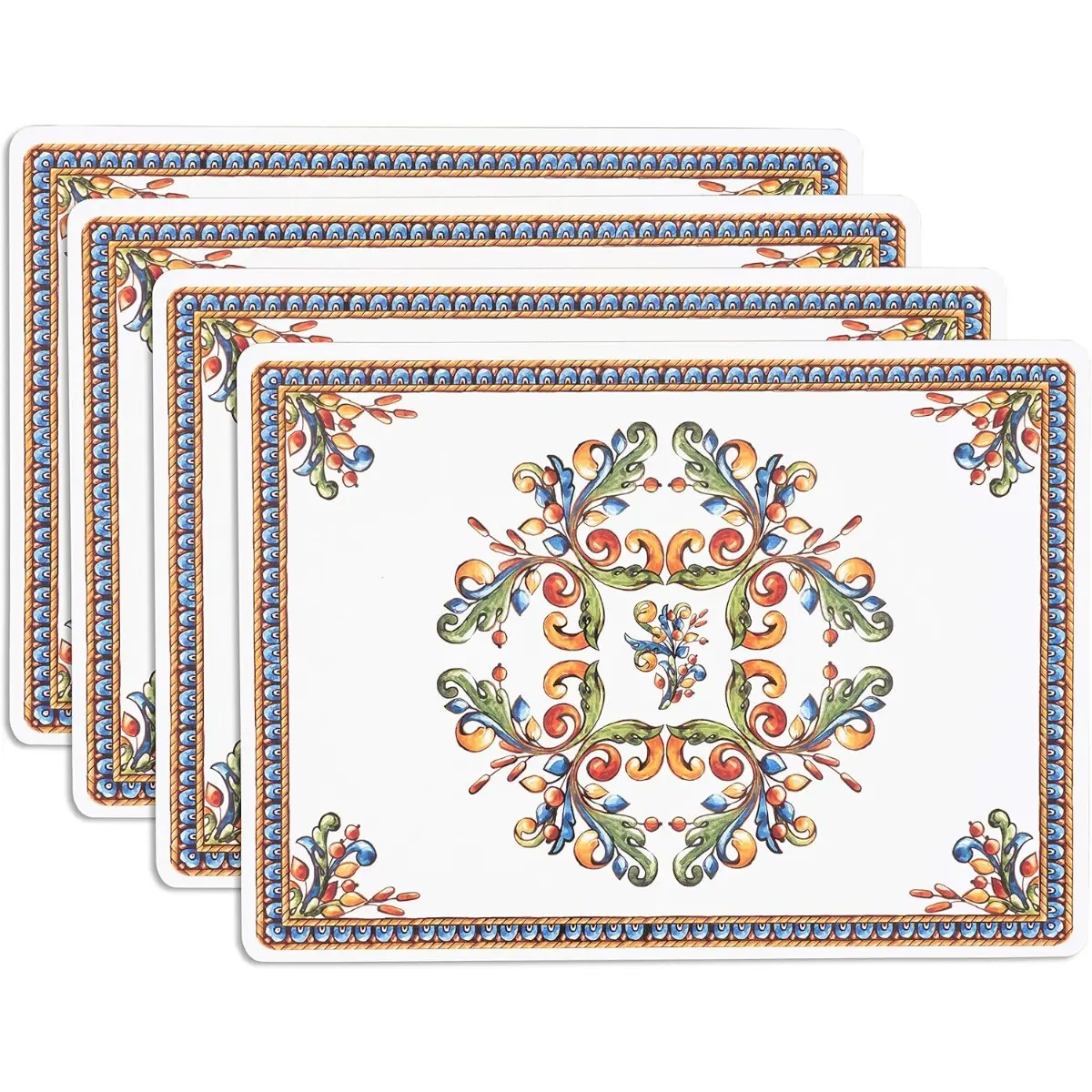 16x12-in 5mm Thick Glossy Wipeable Cork Table Mats Set of 4, Italian Tile Decorative Design Heat Resistant Kitchen Tableware for Everyday Use & Entertaining, Wipeable Placemats, Heat Resistant Placemat
