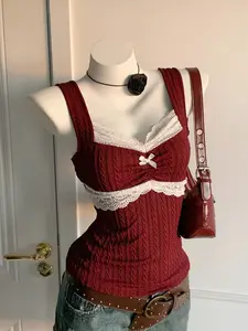 Women's Y2K Style Lace Trim Bow Tie Strapless Vest Top, Slim Fit Wine Lace Patchwork, Sweet Cool Vintage Style