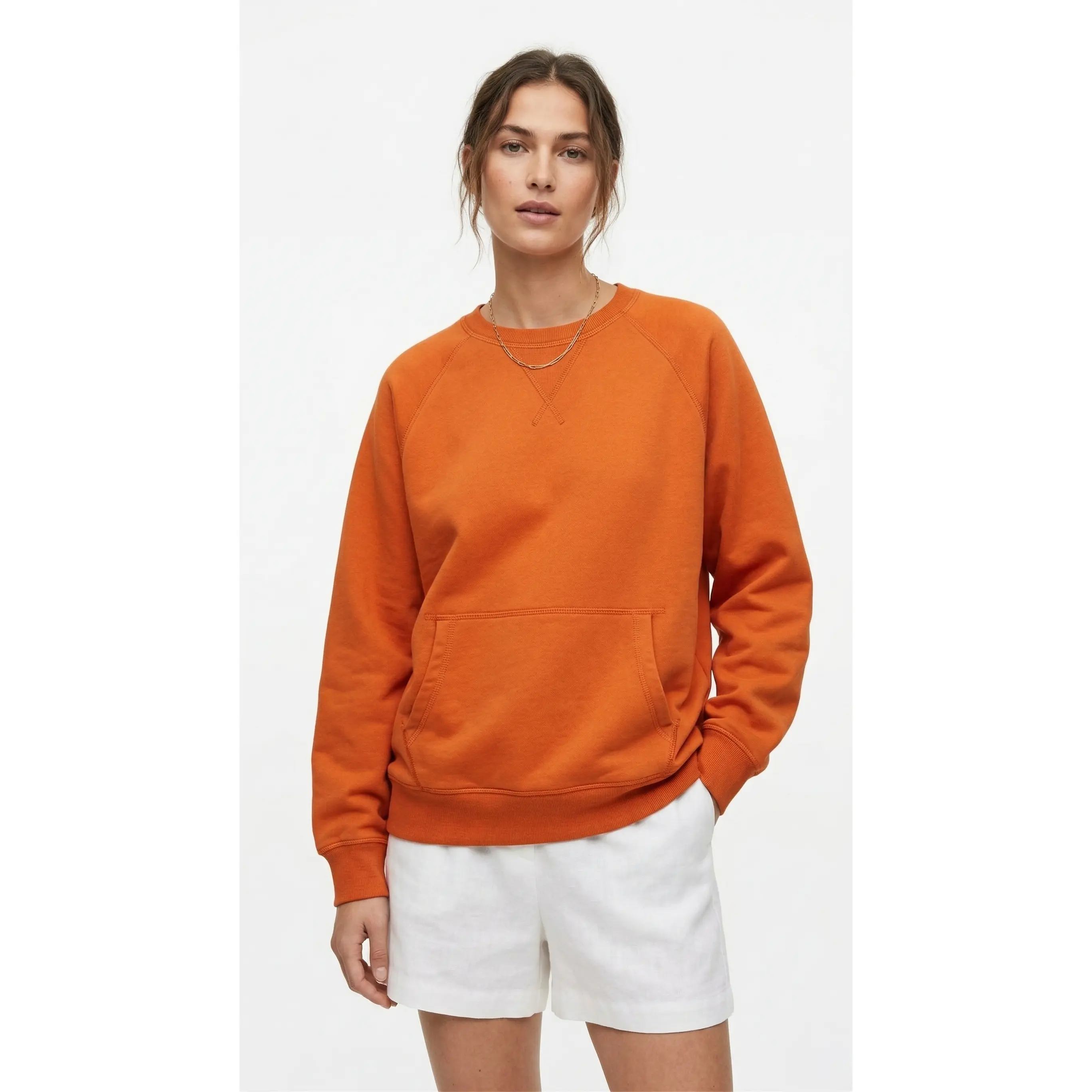 Women's Vintage-Inspired Chic Longsleeve Raglan Sweatshirt - Cotton-Polyester Blend Crewneck Burnt Orange Pullover with Kangaroo Pocket, Denim Vibe, Authentic Stitching, Relaxed Fit for Outdoors, Mojave Desert Style