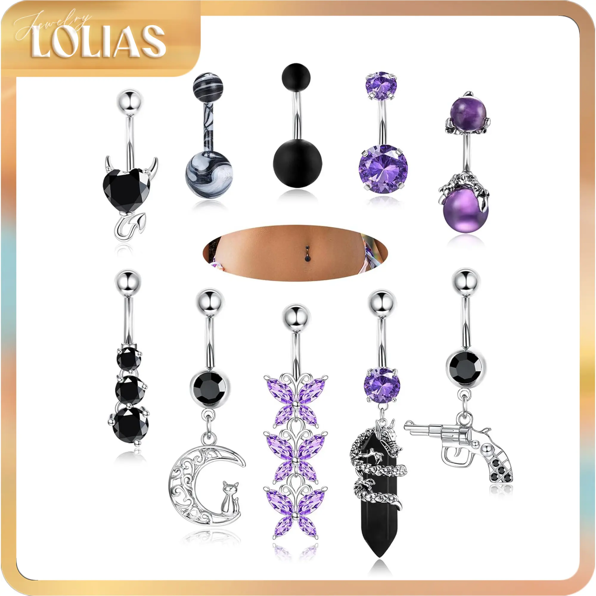 LOLIAS 10Pcs Women's Surgical Stainless Steel Belly Button Rings - CZ, Heart, Dragon, Butterfly Dangle Navel Barbells, Body Jewelry for Piercings