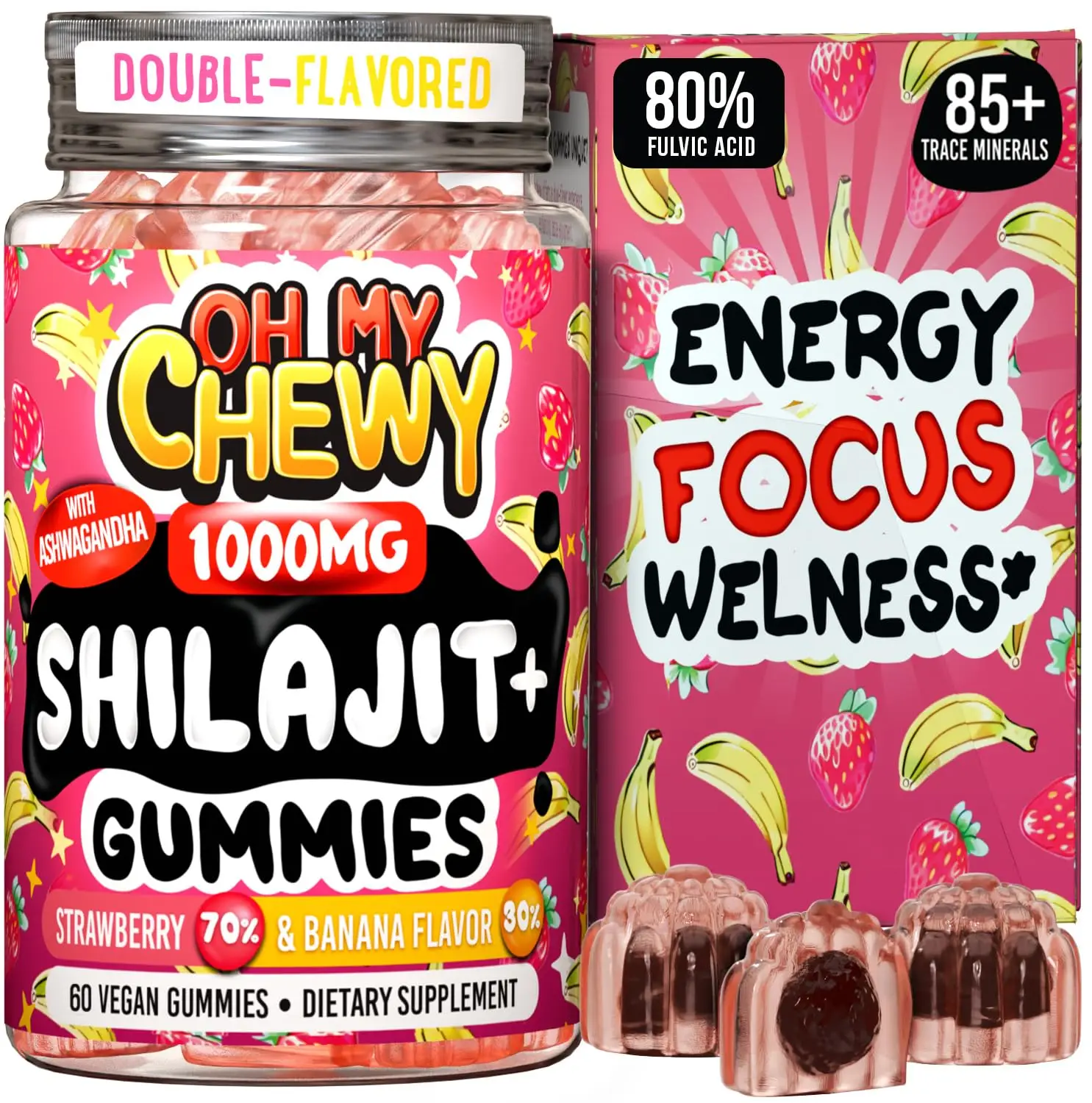 Pure Himalayan Shilajit Ashwagandha Gummies - 80% Fulvic Acid & 85+ Trace Minerals - Strawberry & Banana Healthcare Supplement Edible Fitness