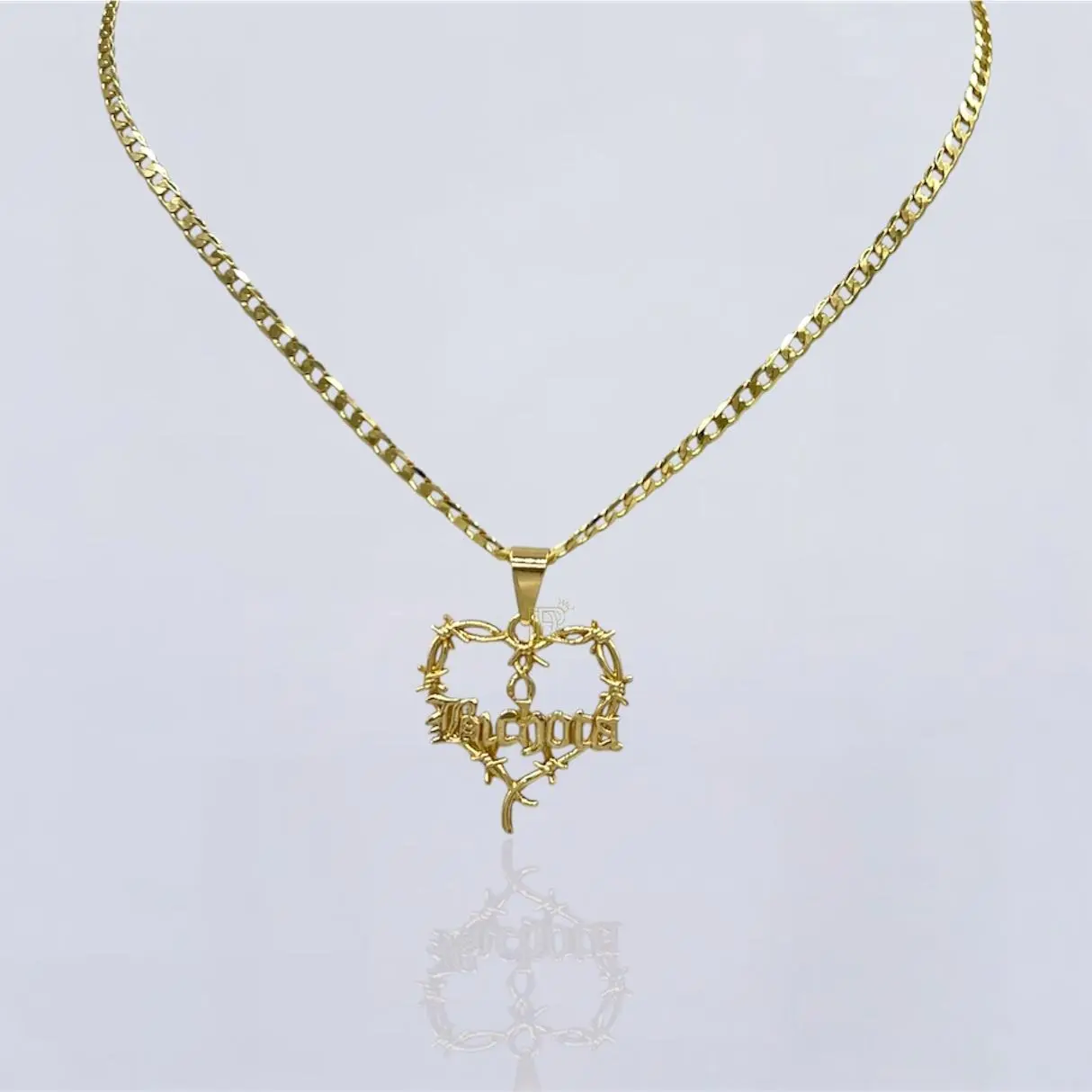 Didiray 14K Gold Plated Spiked Heart Pendant Cuban Link Chain Necklace 18 Inches Casual Style Jewelry for Everyday Wear