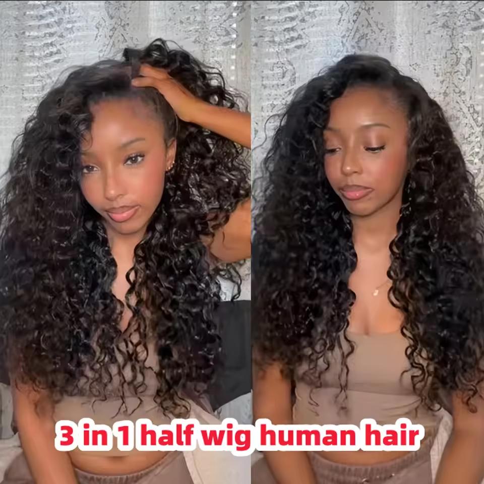 [Half Wig]Bling Hair 12-32 Inch 3 In 1 Half Wigs Human Hair 180 Density Deep Wave Half Wigs Human Hair Seamless Flip Over Deep Curly Human Hair Drawstring Glueless Wig For Women