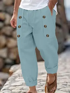 Men's Linen Casual Long Pants, Drawstring Waist & Side Button Design, Breathable Textured Fabric, Summer Vacation Commute Comfort, Casual Textured Trousers