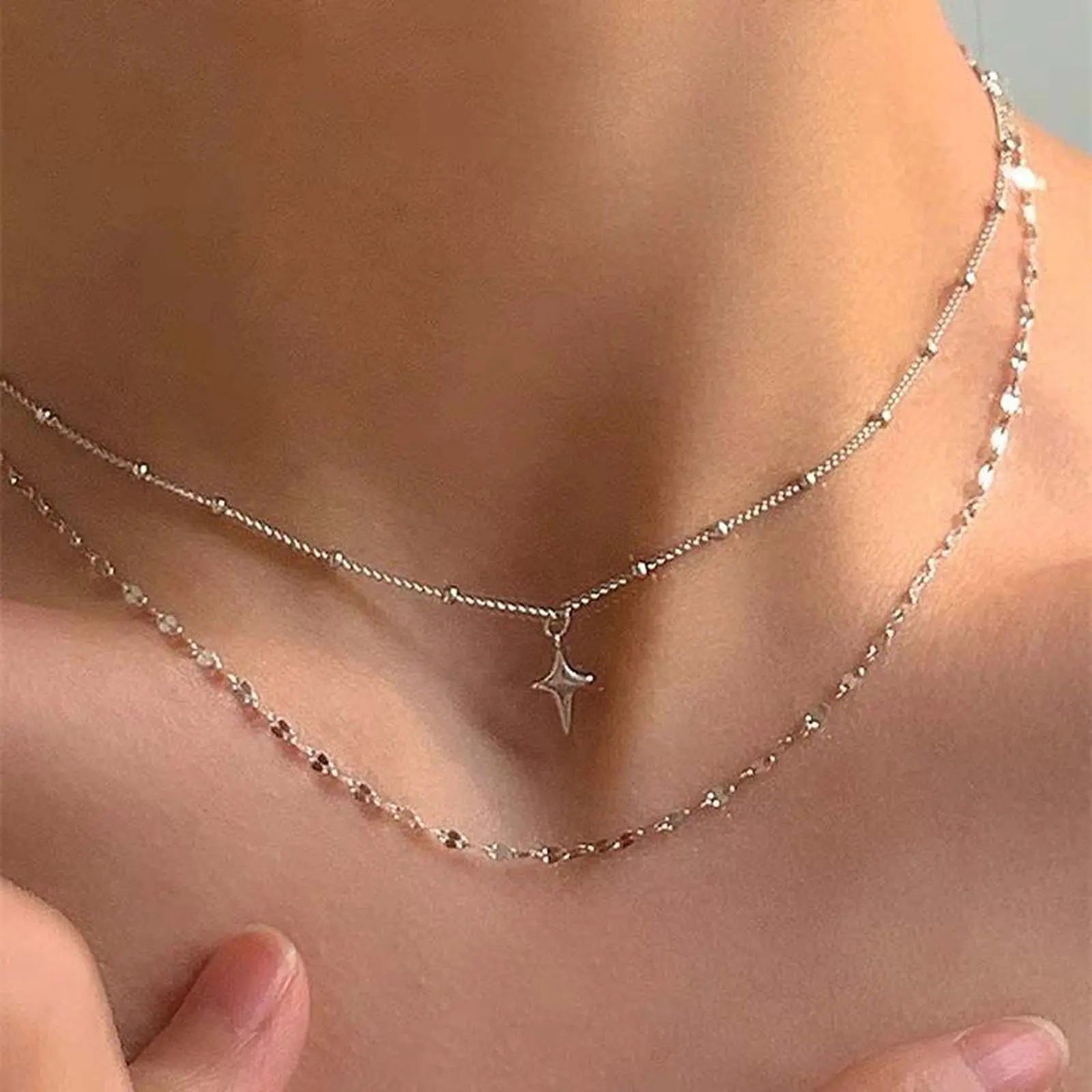 Celestial Star Necklace for Women, Silver-toned Double Layer Minimalist Chain, Adjustable Dainty Jewelry for Birthday Gift, Fashion Minimalist Necklace