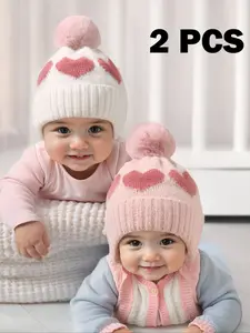 2pcs Baby Boys & Girls Newborn Toddler Pom-Pom Beanie, Cozy Knit Winter Warm Heart Design, Cute Babies Beanies Bonnet Hats for Kids, Winter Skull Cap