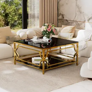 Square Glass Coffee Table in 33.5", Luxurious Geometric Metal Frame, Gold Finish & Lower Shelf Square Glass Coffee Table in 33.5", Luxurious Geometric Metal Frame, Gold Finish & Lower Shelf