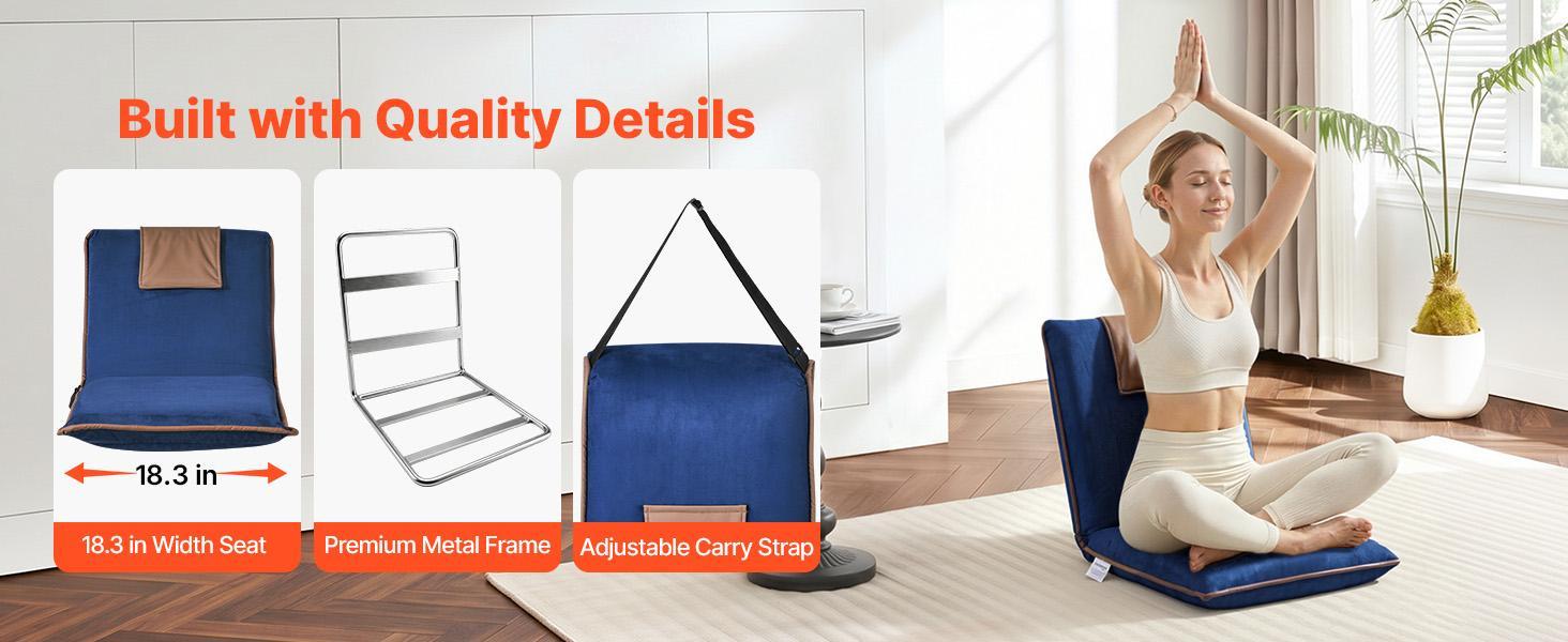 VEVOR Floor Chair, 6 Adjustable Positions Folding Floor Gaming Chair with Back Support, Easy to Carry, Sturdy Metal Frame with Recycled Foam and Suede Fabric Surface, for Reading, Relaxing, Dark Blue