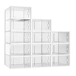 Shoe Storage Bins X-Large 12 Pack, Foldable Plastic Shoe Organizers, Fit Size 11 Sneaker Holder Container Foldable Shoe Bins Racks Set