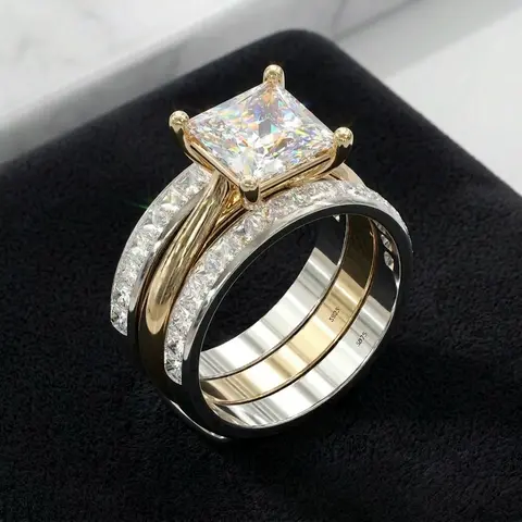 Jzora Women's 3ct Princess Cut 925 Sterling Silver 2-Tone Bridal Set, Engagement & Wedding Ring Jewelry, Ideal Gift for Birthday Anniversary, Wedding Rings