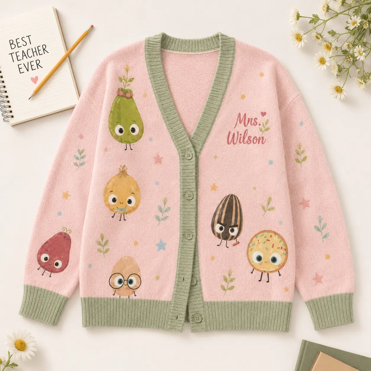 Personalized Teacher Cardigan, Back to School Sweater, Custom Name Knitwear, Gift for Educator, Floral Cozy Top Treves
