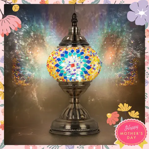 Yarra-Decor Turkish Moroccan Lamp with Bronze Base Handmade Tiffany Mosaic Glass Portable Bedside Lamp Rechargeable 2000mAh LED Bulb Blue1 Illuminated Lantern Modern Design Ideal Gift Christmas gifts Adjustable Brightness Lights Mother's Day gift Grateful