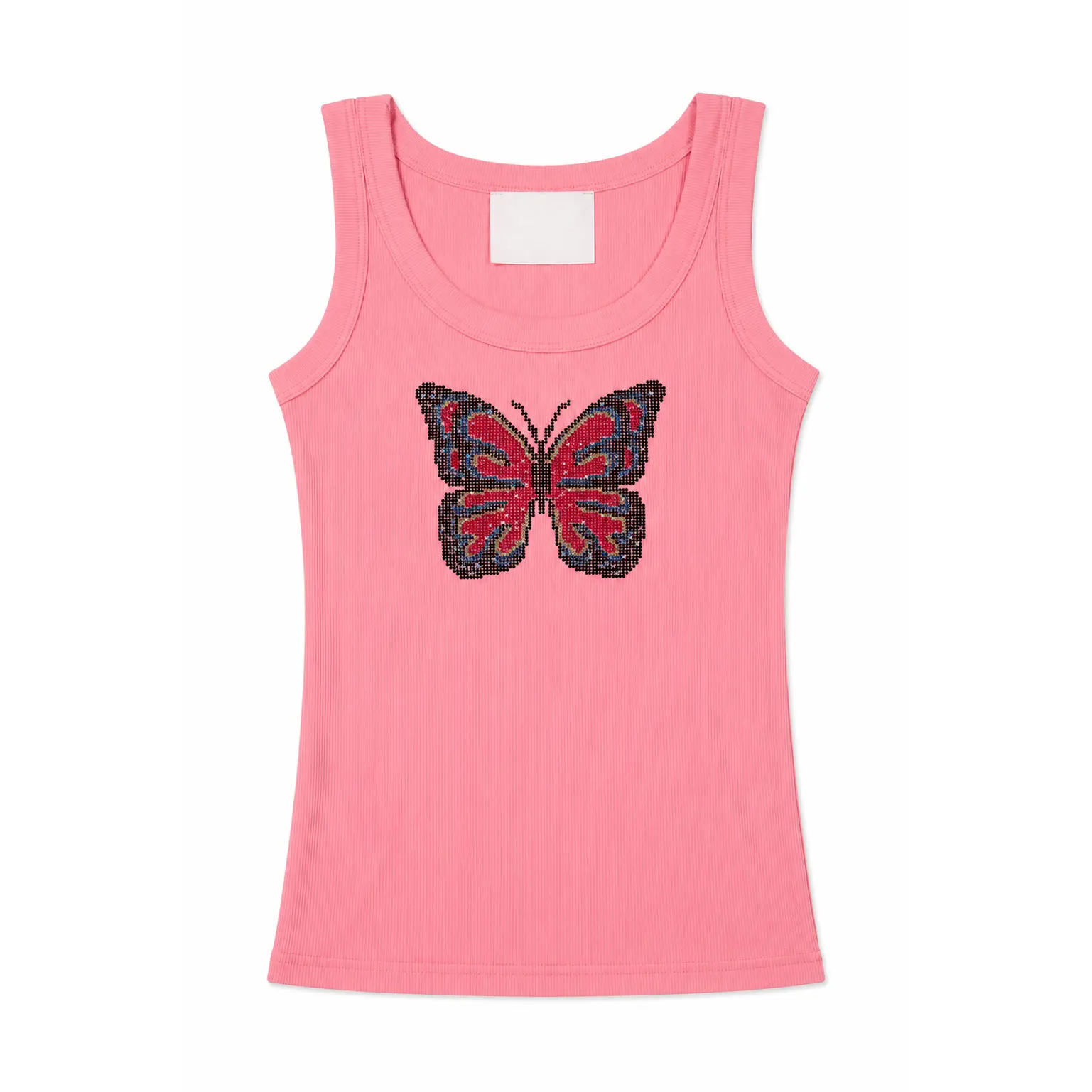 Women's Casual Butterfly Tank Top with Rhinestone Embellishments, Cropped Style and Spaghetti Straps, Bedazzled Rhinestone Glitter Women's Tanks & Camis, Butterfly Embellishment Women's Tanks & Camis