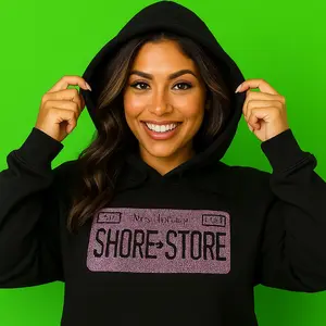 Shore Store Pink Rhinestone License Plate Hoodie | Jersey Shore Italian Pride Pullover | Sparkling Rhinestone Graphic | Unisex Black Hoodie | Shore Store Original | Sizes S to 5XL men gifts Sweatshirts Soft Pocket Cotton