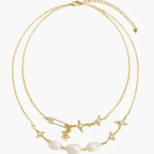 en route Mellow Necklace in Gold, Shimmering Tiny Stars & Lustrous Pearls, Delicate Double Layered Chain, Dreamy Elegance & Playful Charm, Perfect for Daily Wear or Layered Styling
