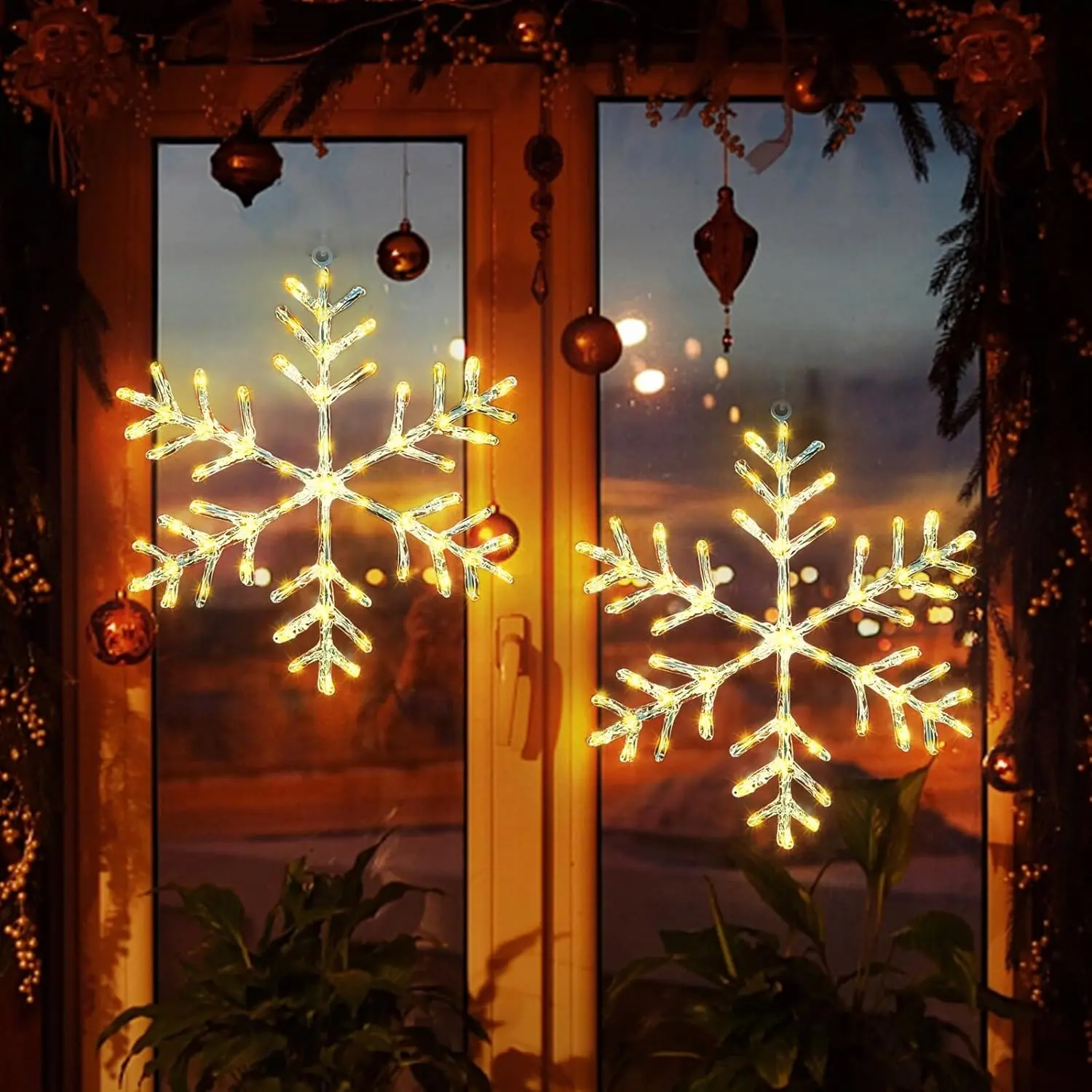 2-Pack Christmas Snowflake Window Lights - 8 Modes Light, Warm White, Holiday Decor for Indoor/Outdoor Wall, Door, Glass Decoration