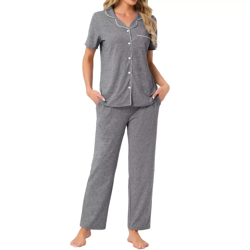 cheibear Women's 2-Piece Spandex Nightwear Set, Button-Down Short-Sleeve Shirt & Pocket Pants, Lightweight Breathable Loungewear, X-Small Deep Grey