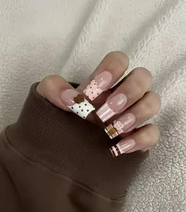 Handmade Chocolate Cookie Press On Nails, Plaid French Tip, Kawaii Coquette