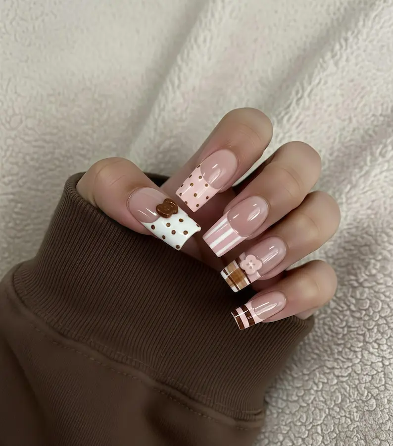 Handmade Chocolate Cookie Press On Nails, Plaid French Tip, Kawaii Coquette