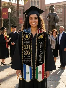 Custom El Salvador American Graduation Stole 2026 Dual Flag USA El Salvador Personalized Name School Black Gold Sash for Salvadoran Latina First Gen Graduates Class of 2026 USC