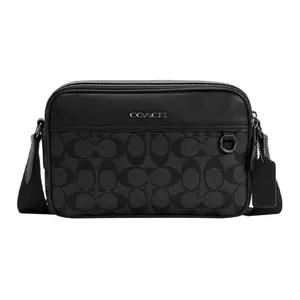 COACH Graham 23 Metal Logo Camera Bag – Coated Canvas and Calfskin, Medium Unisex Square Crossbody Bag in Charcoal Black