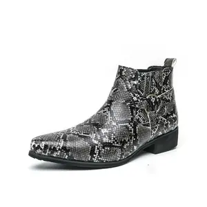Mens Dress Casual Western Chelsea Boots -Snakeskin Texture Genuine Leather Ankle Boots with Belt Chain & Metal Wingtip Toe for Prom Wedding Disco Party Closed Footwear Walking Shoes Punk