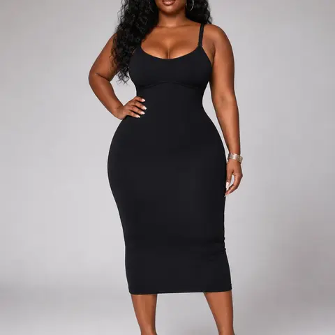 Sculpt Touch Women's Black Slip Dress with Removable Bra Pads Seamless Adjustable Comfortable Casual Clothes Elegant Fit Chic Bodycon Breathable Fabric Compression Elegance Womenswear Light Sleeveless Style Spaghetti Strap Basic Minimalist