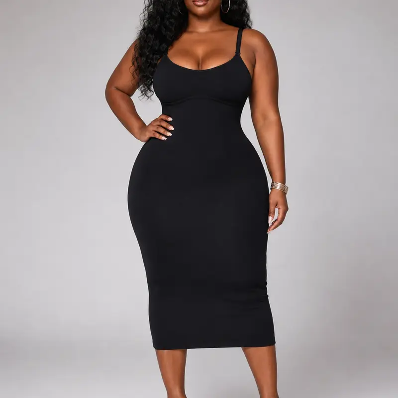 Sculpt Touch Women's Black Slip Dress with Removable Bra Pads Seamless Adjustable Comfortable Casual Clothes Elegant Fit Chic Bodycon Breathable Fabric Compression Elegance Womenswear Light Sleeveless Style Spaghetti Strap Basic Minimalist