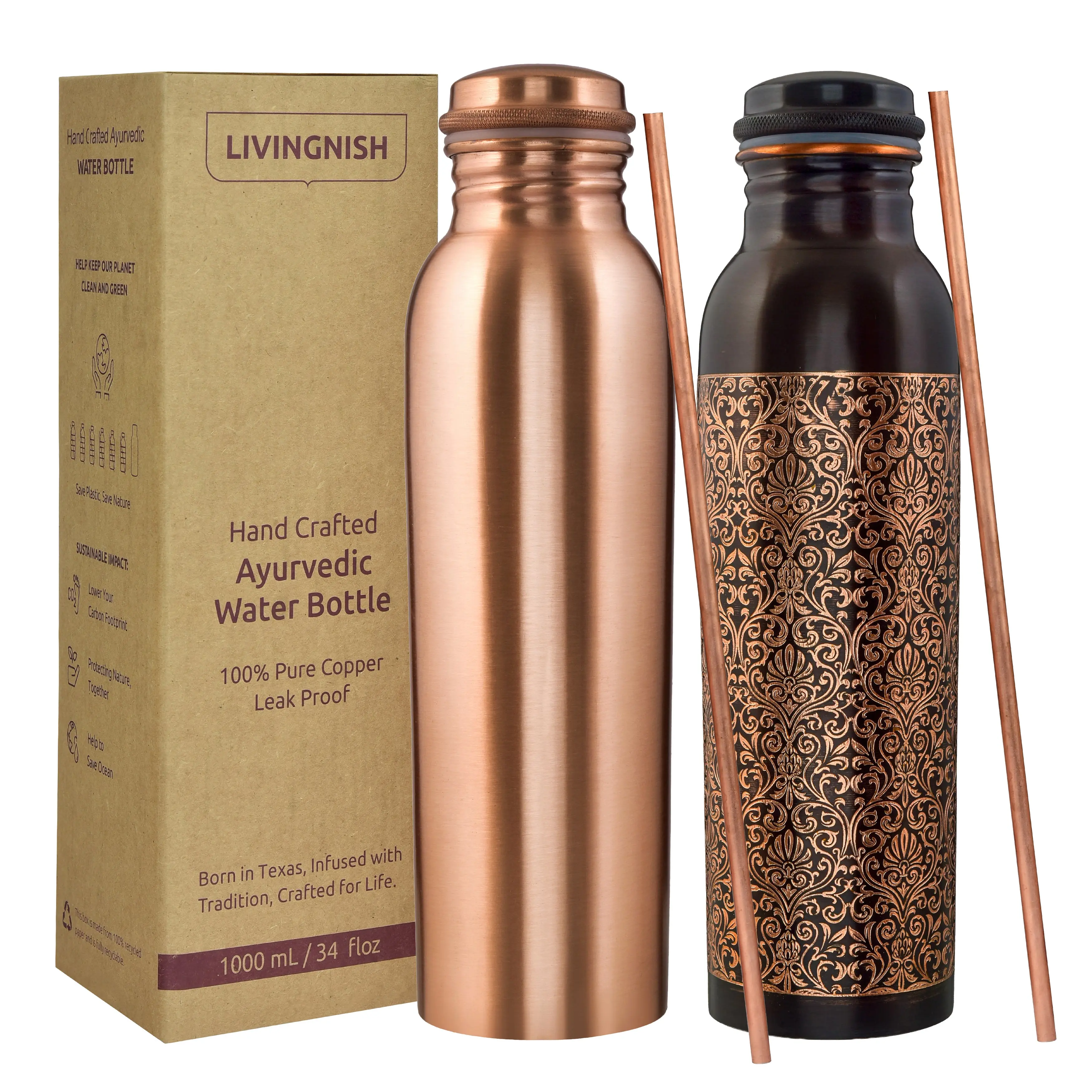 Pure Copper Water Bottle, 8 Pcs Set CLAQ(2 Bottle, 2 Straw,2 Extra Silicon Ring and 2 Cloth bags