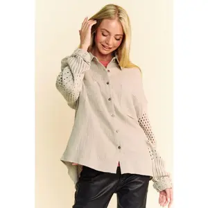 Davi & Dani Crochet Sleeve Crinkled Texture Shirt