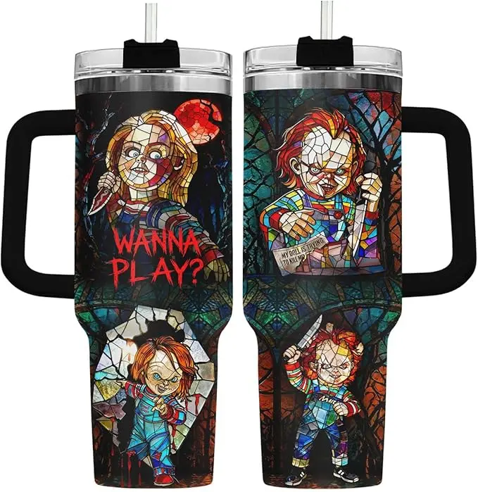 Chucky Wanna Play 40oz Tumbler with Handle and Straw, K*ller Doll Horror Travel Cup, Bloody Knife Halloween Design, Scary Movie Fan Gift, Insulated Stainless Steel Mug, Gothic Slasher Drinkware