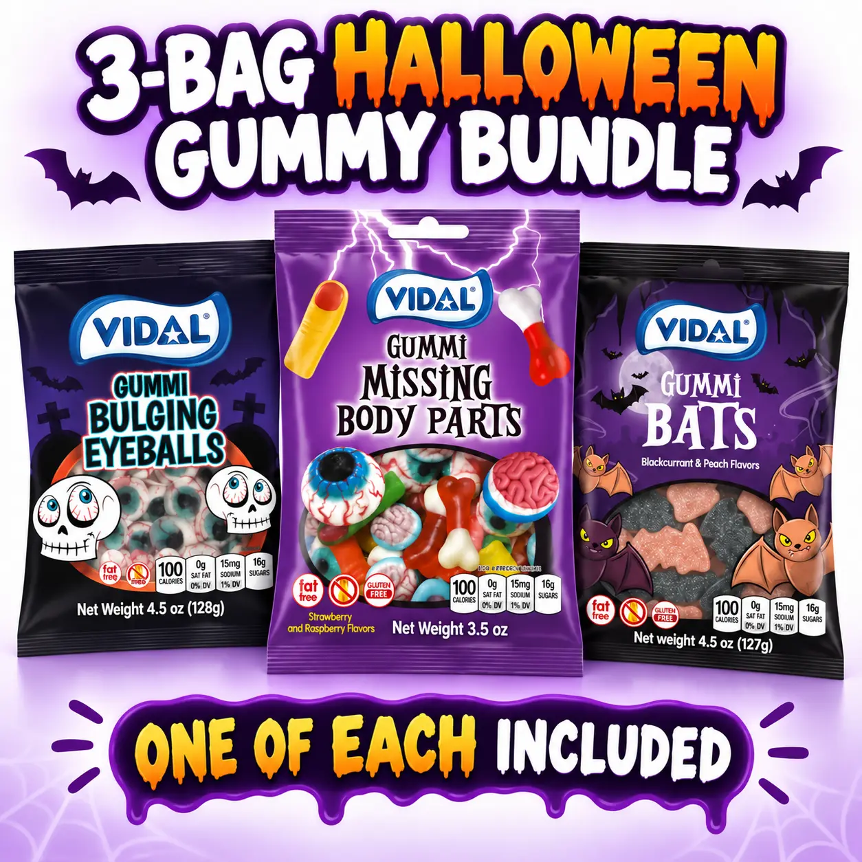 Vidal Halloween Gummy Candy 3-Bag Bundle – Eyeballs, Missing Body Parts & Gummi Bats