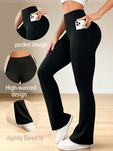 Women's High-Waisted Slimming Hidden Pocket Flare Pants, Sporty Yoga Leggings for Running & Gym, All-Season Fashion