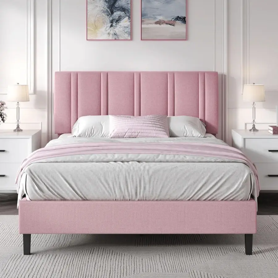 Upholstered  Frame  Headboard, Linen Fabric Platform  Frame  Tufted Headboard, No Box Spring Required, Easy Assembly, Pink/ White/ Black/ Blue, Twin/ Full/ Queen Size Floor Bed with Guardrail Primed "T" Style DIY Barn Door, Multi-Size, Rectangular