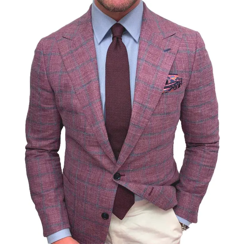 Men's Checkered Long Sleeve Polyester Casual-Fit Blazer - Plain-Sleeve Sports Coat, Available in XXXL, Wine Red Plaid & Blue Plaid, Great for Photography, Party & Wedding Events, Formal Attire, Watch Party, Loose-Fitting, Polyester Blend, Lapel, Formal We