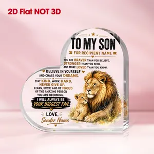 2D Flat 1pc Custom Sentimental Gift Acrylic Lion Family to My Son Pattern Heart Shaped Keepsake Plaque Desktop Decor for Son Birthday Graduation Gift from Parents Home Bedroom Desk Decoration