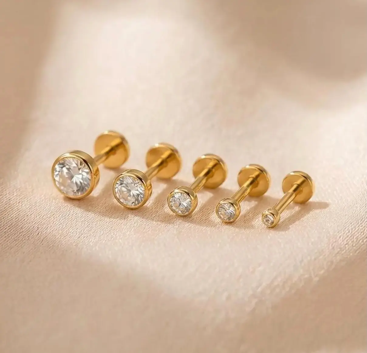 Unisex Gold PVD Shine Titanium Flat-Back Bezel Push-Pin Stud Earrings - 16g,18g,20g,0.8mm,2.5mm,4mm Hypoallergenic Geometric Flat Pierced Jewelry for Tragus, Helix Piercings