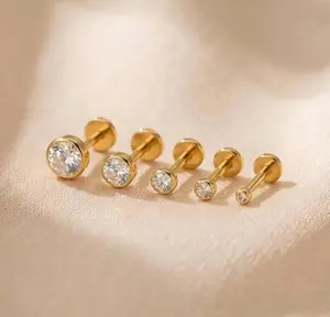 Titanium Flat Back Stud Earring,  Bezel Push Pin Stud,  Tragus Stud, Helix Stud, Cartilage Piercing Earrings, Nose Stud, Gold Plated Nose Piercing Studs