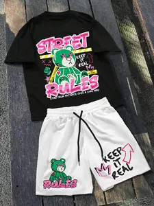 Two-Piece Set Men's Cartoon Bear & Letter Print Crewneck Short Sleeve Tee & Shorts, Regular Fit Round Neck T-shirt & Track Shorts, Casual Summer Menswear Matching Set for Outdoor