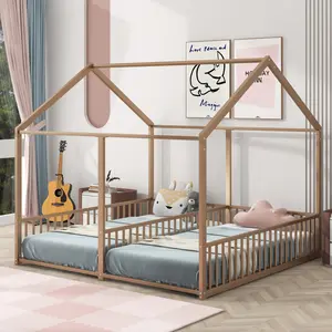 Double Twin Size Floor Bed Frame Metal House Bed Twin Montessori Floor Bed with Rails, Metal Double Twin Platform Bed Frame for 2 Girls Boys, Two Shared Beds