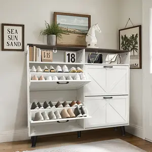 4-Drawer Flip Shoe Cabinet with Metal Handles, Shoe Storage Cabinet, Farmhouse Shoe Organizer with 4 Flip Drawers and Open Storage, Freestanding Narrow Shoe Rack Cabinet for Entryway, Bedroom, Hallway
